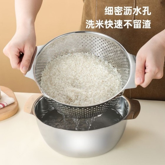不锈钢盆双层厨房家用双耳加厚沥水篮揉面盆烘培盆和面打发盆
