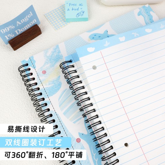 A4飞鸟线圈本美式三孔活页可撕插袋横线方格学生绘图记事本笔记本
