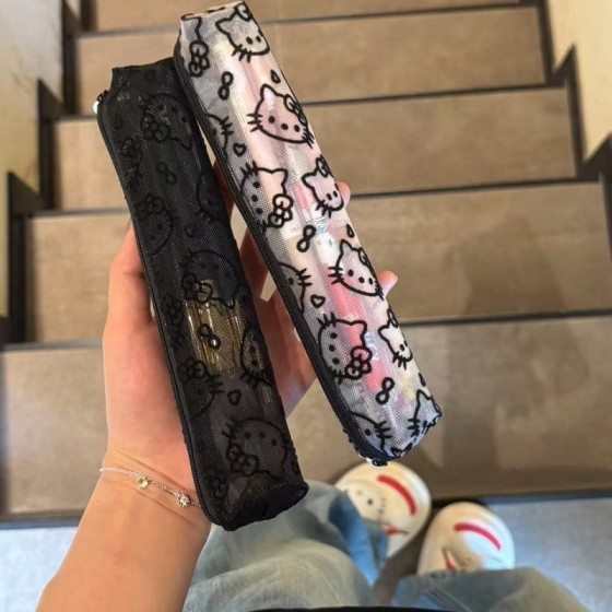 可爱kitty网纱收纳笔袋便携小容量化妆刷收纳手拿小包包