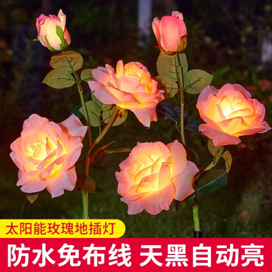 跨境LED太阳能仿真洛神玫瑰花灯户外防水花园草坪灯地插灯装饰灯