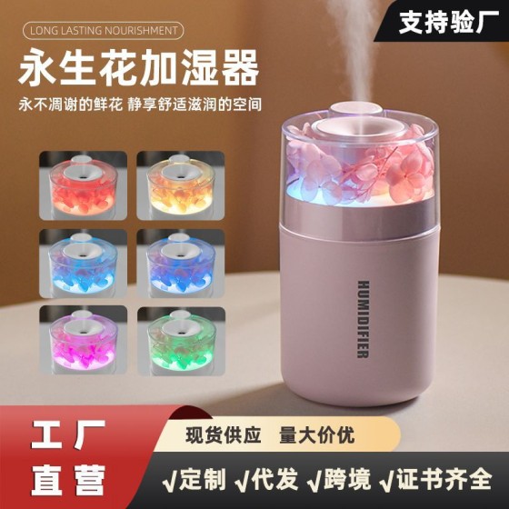 新款创意永生花加湿器 大雾量usb夜灯家用迷你空气车载加湿器跨境