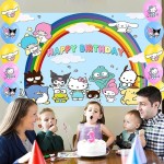 3. 三丽鸥生日派对乙烯基背景布，白红配色，5×3 英尺，搭配气球套装