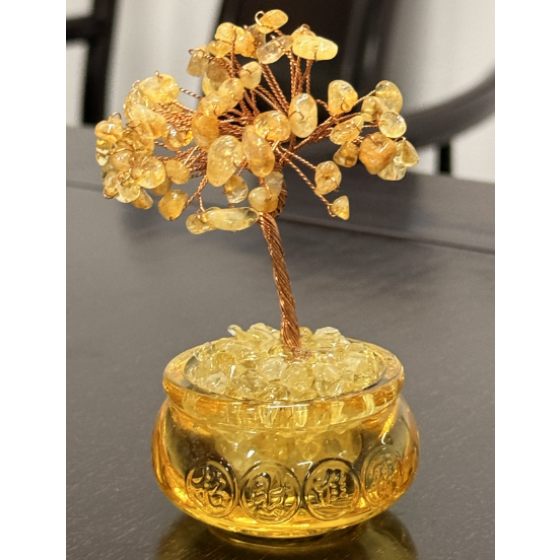 13. 釉面盆黄水晶发财树摆件，底座 6×6×12 厘米，手工制作