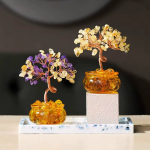 13. 釉面盆黄水晶发财树摆件，底座 6×6×12 厘米，手工制作