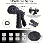 Household spray pattern nozzle. 75 inch water hose, 3-ply latex core. Sturdy and durable.