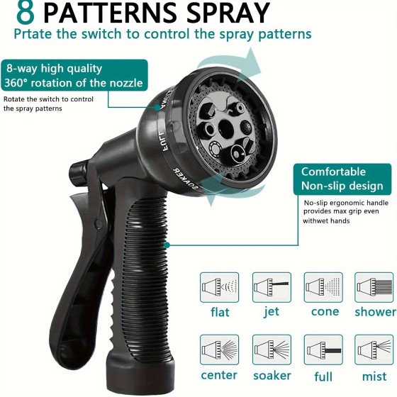 Household spray pattern nozzle. 75 inch water hose, 3-ply latex core. Sturdy and durable.