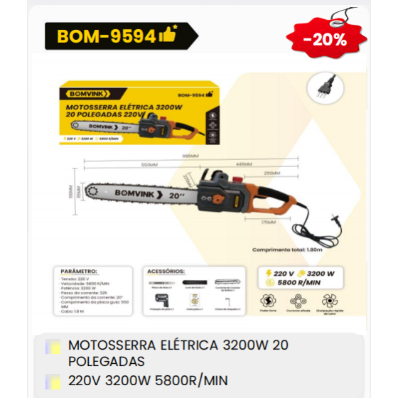 1箱电动链锯3200瓦20英寸
220V3200W 5800转/分钟（1箱=4PCS）
