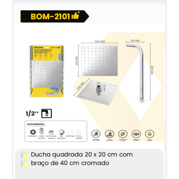 1箱方形淋浴头20x20厘米，带40厘米镀铬臂（1箱=24PCS）