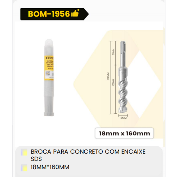 1箱带SDS接口的混凝土钻头
18毫米X160毫米（1箱=150PCS）