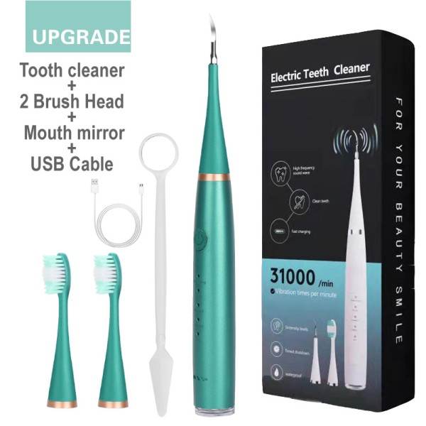 Upgraded Electric Teeth Cleaner Kit, High Frequency Vibration Dental Plaque Remover with 2 Brush Heads, Mouth Mirror & USB Cable, Waterproof Rechargeable Tooth Cleaning Tool