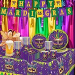 133件狂欢节Mardi Gras主题派对用品套装 紫色面具纸盘纸杯桌布纸巾 嘉年华派对装饰布置全套用品